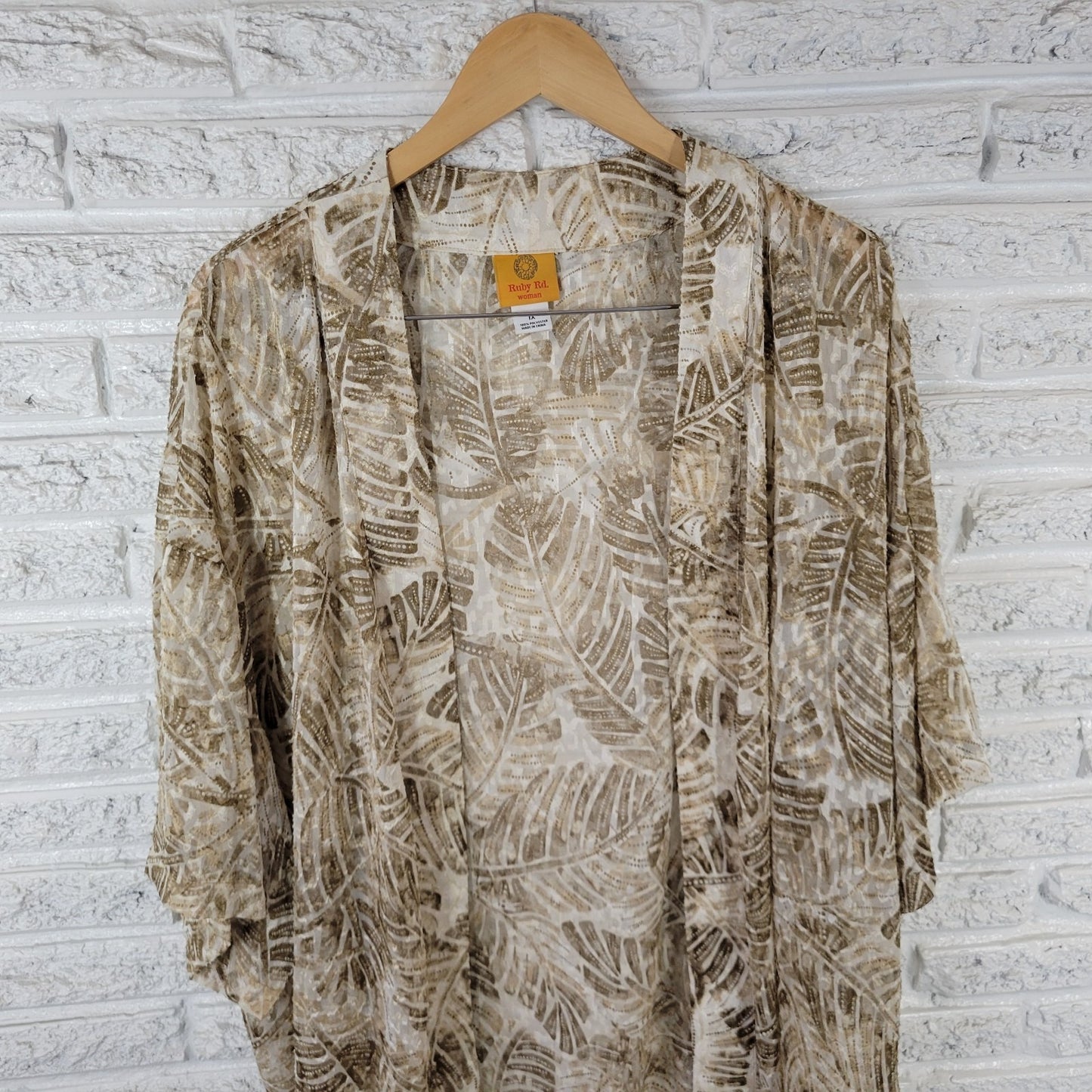 Ruby Rd 1X Plus Size Cardigan Duster Top Brown White Floral Metallic Open Front