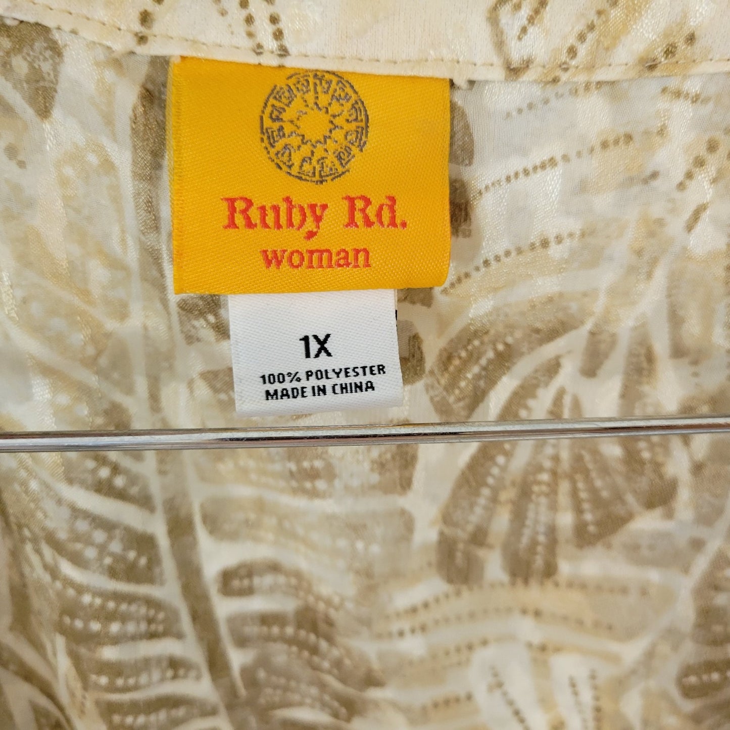 Ruby Rd 1X Plus Size Cardigan Duster Top Brown White Floral Metallic Open Front