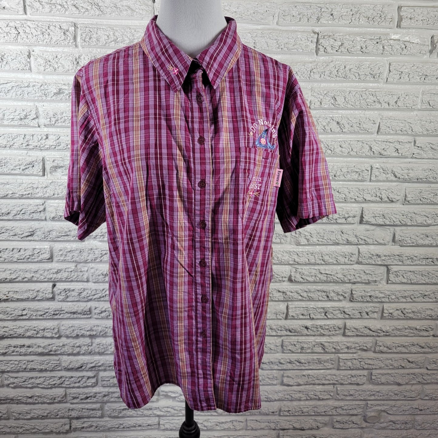 Disney Eeyore Womens Top 2X Plus Short Sleeve Purple Plaid Cotton Lightweight