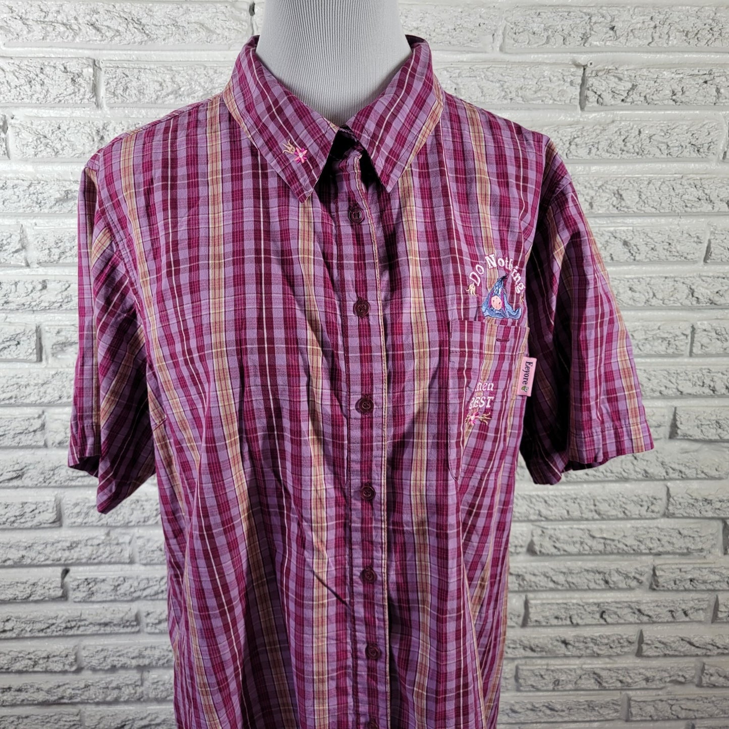 Disney Eeyore Womens Top 2X Plus Short Sleeve Purple Plaid Cotton Lightweight