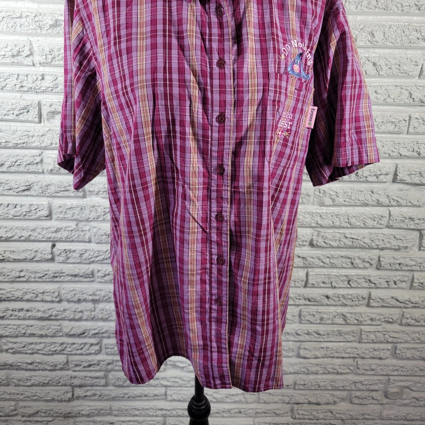Disney Eeyore Womens Top 2X Plus Short Sleeve Purple Plaid Cotton Lightweight