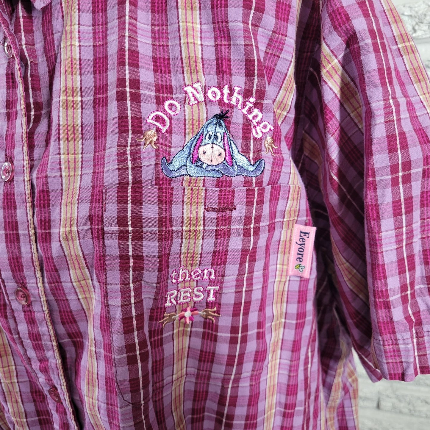 Disney Eeyore Womens Top 2X Plus Short Sleeve Purple Plaid Cotton Lightweight