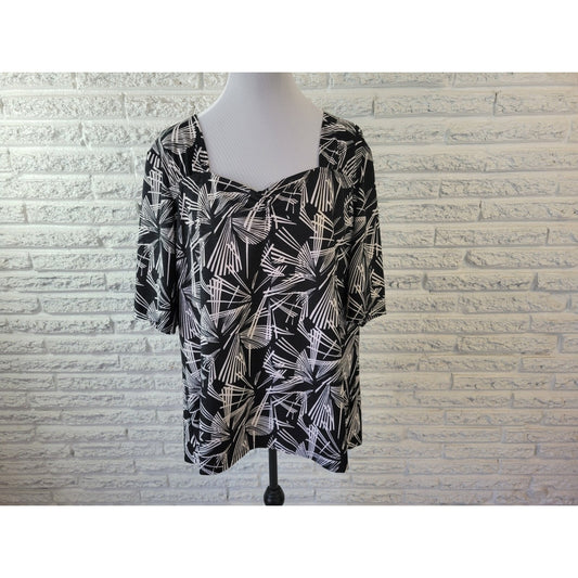 Avenue Womens Top 26 28 Plus Tunic Black Abstract Semi Sheer Silver Metallic