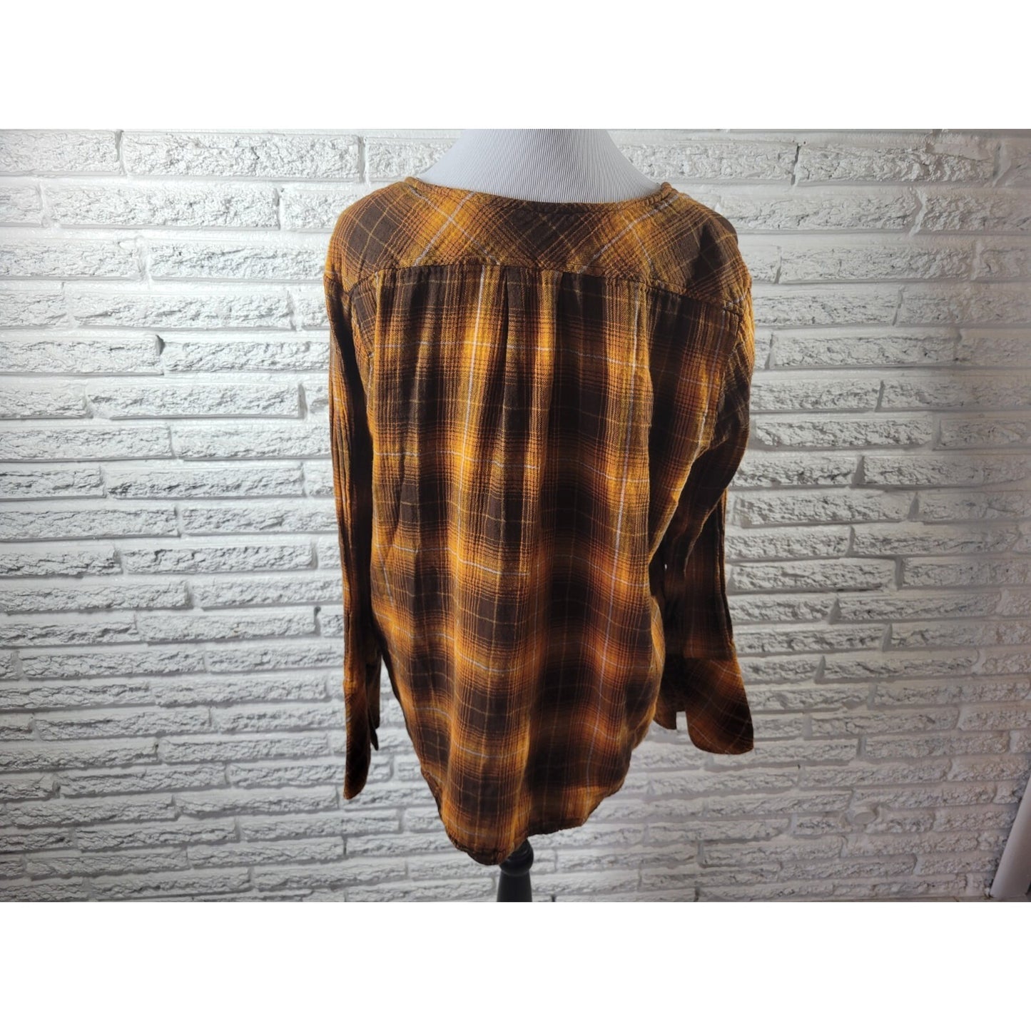 Time Tru Womens Top XXL 20 Plus Long Bell Sleeve Brown Plaid Casual Tied Hem