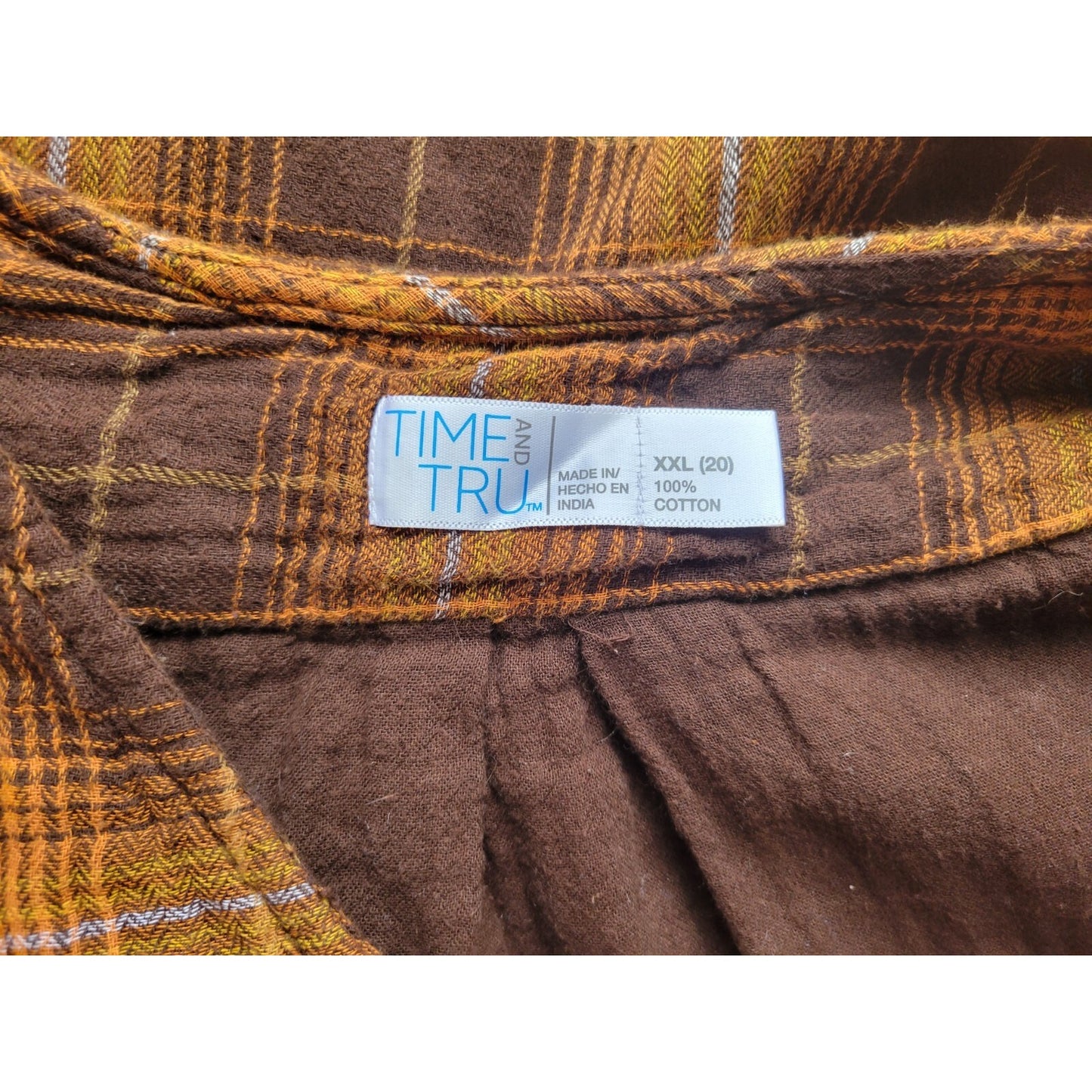 Time Tru Womens Top XXL 20 Plus Long Bell Sleeve Brown Plaid Casual Tied Hem