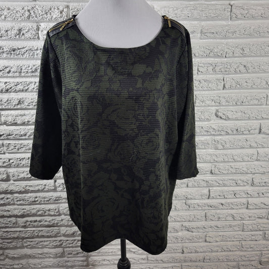 Rafaella Womens Top 2X Plus 3/4 Sleeve Green Roses Zip Shoulder Faux Leather