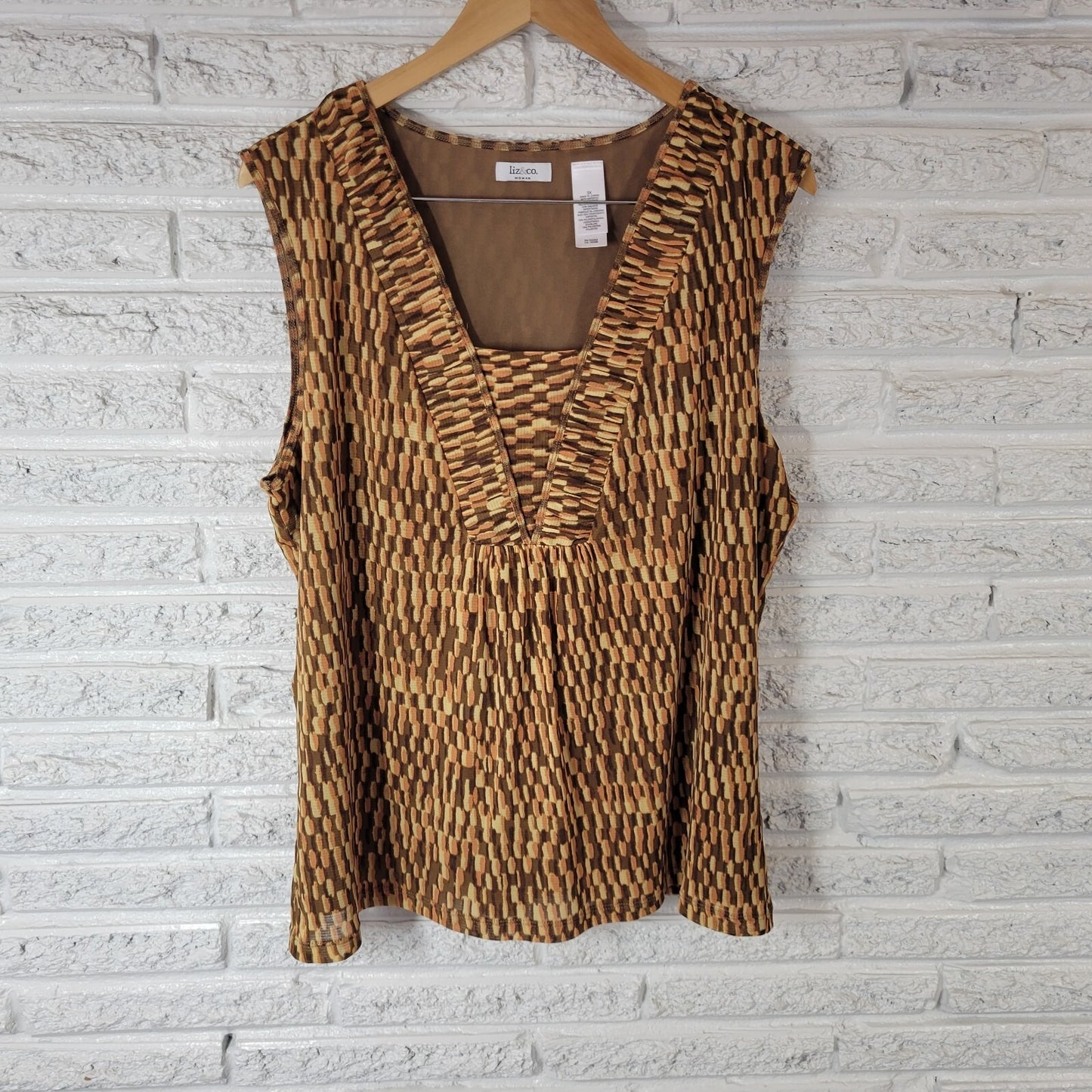 Liz & Co Plus 3X Brown Geometric Tank Top Square Neck Sheer Stretch Travel