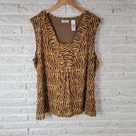 Liz & Co Plus 3X Brown Geometric Tank Top Square Neck Sheer Stretch Travel