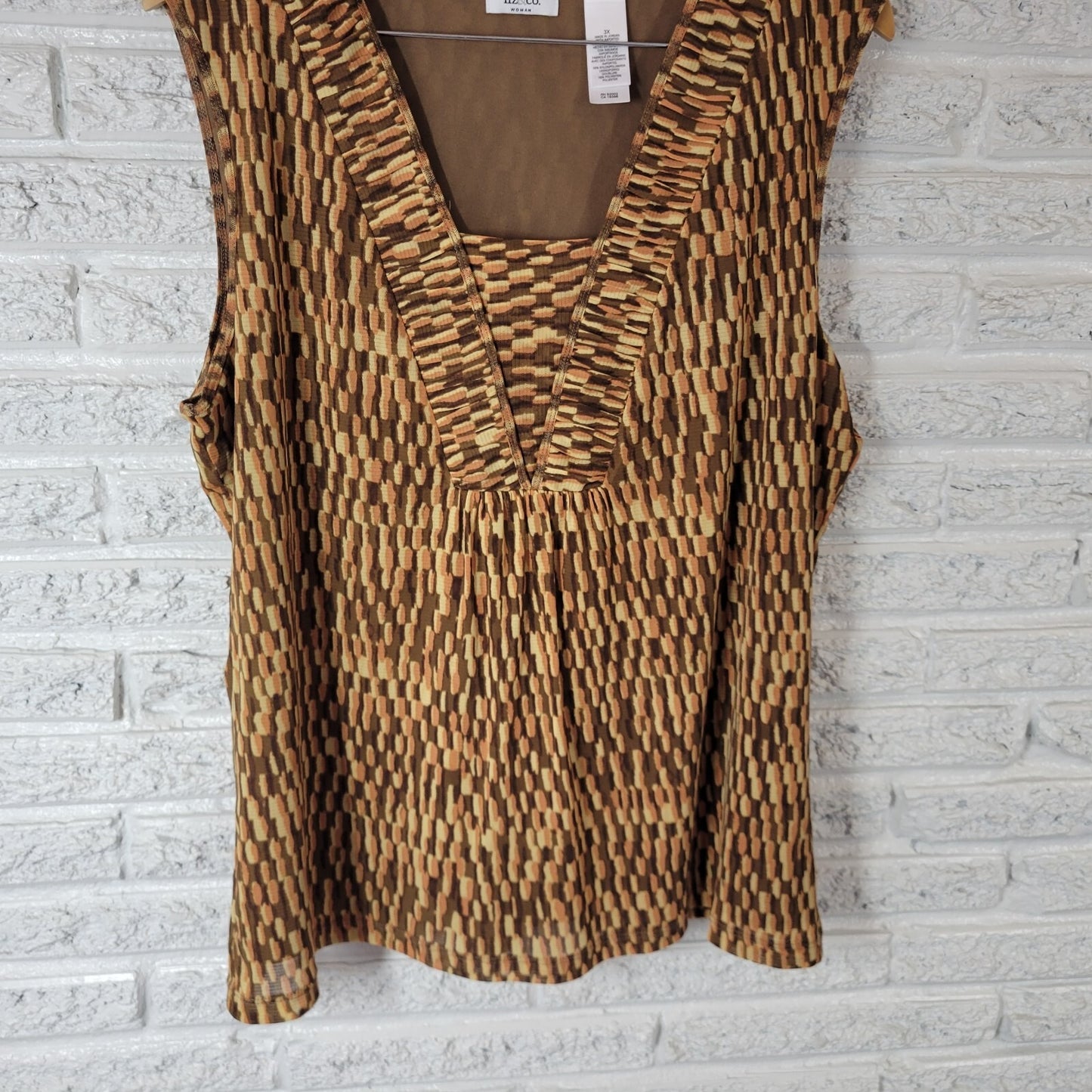 Liz & Co Plus 3X Brown Geometric Tank Top Square Neck Sheer Stretch Travel