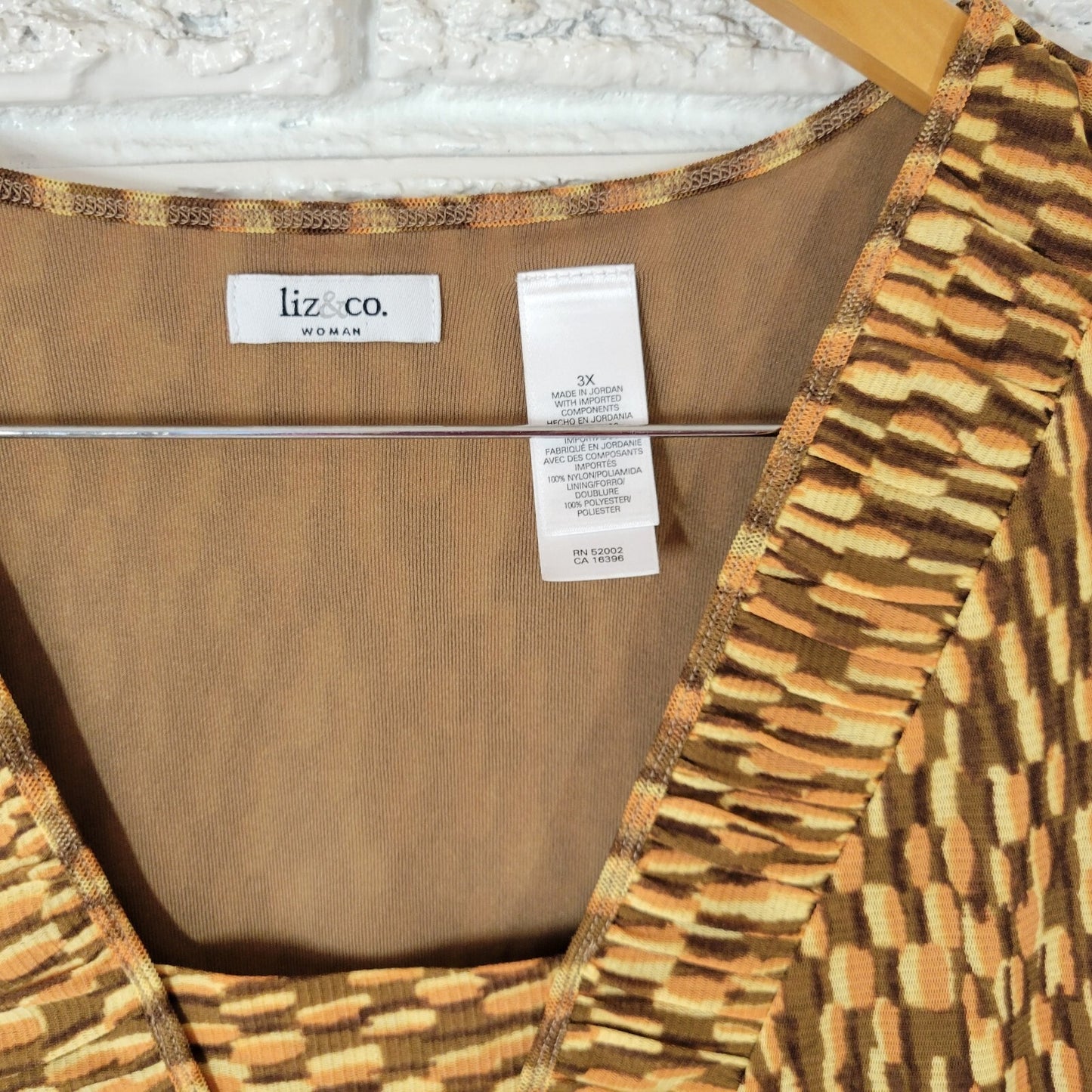 Liz & Co Plus 3X Brown Geometric Tank Top Square Neck Sheer Stretch Travel