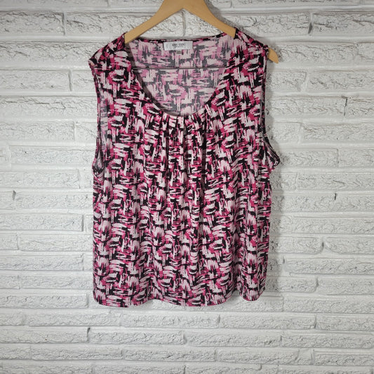 Jones Studio Womens Top 24W Plus Sleeveless Pink Black Watercolor Pleated Lined