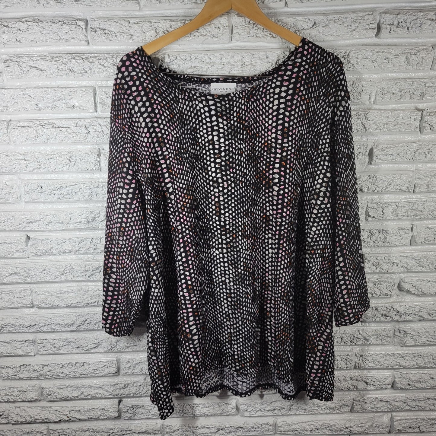 Rebecca Malone Womens Top 3X Plus 3/4 Sleeve Poly Blend Black Pink Watercolor