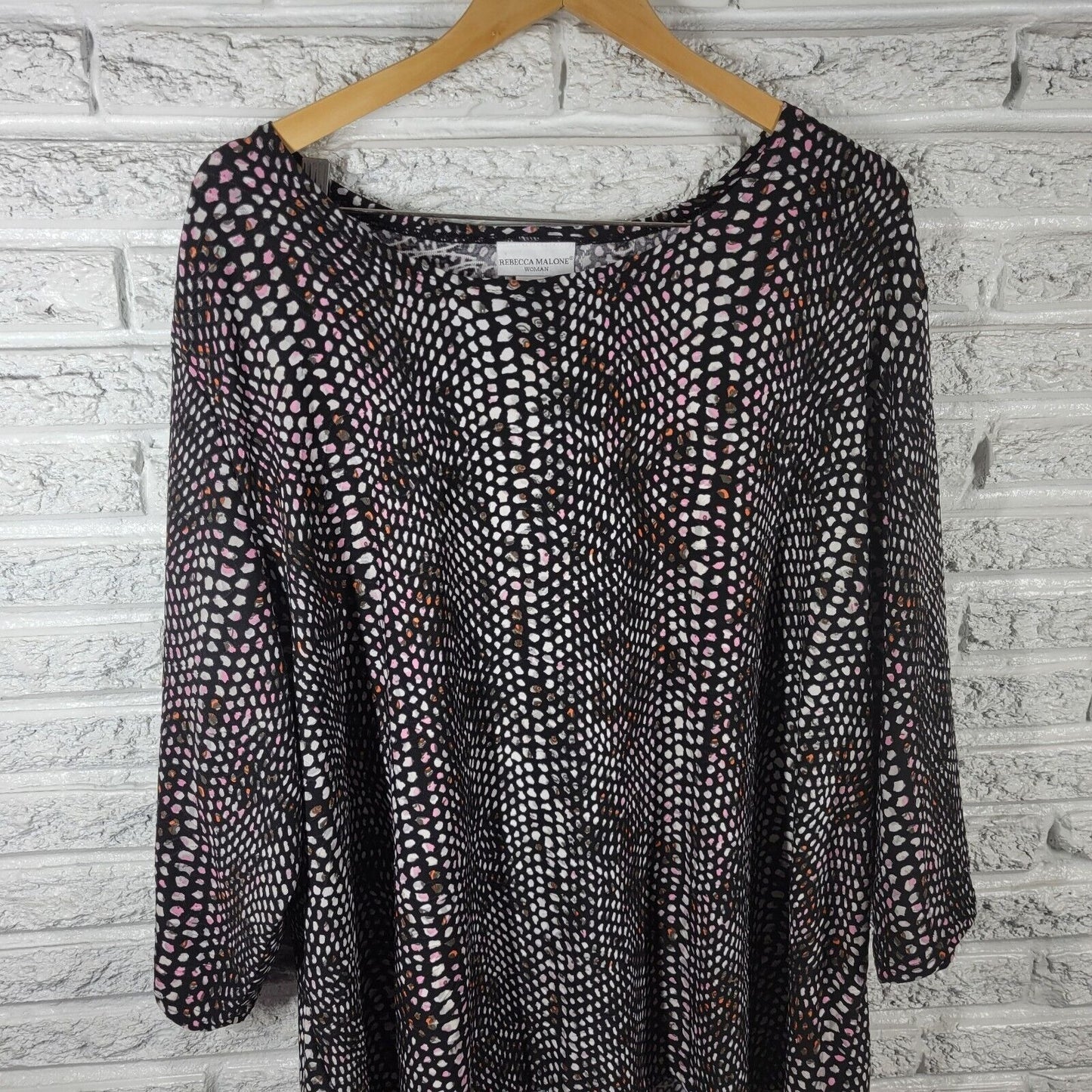 Rebecca Malone Womens Top 3X Plus 3/4 Sleeve Poly Blend Black Pink Watercolor