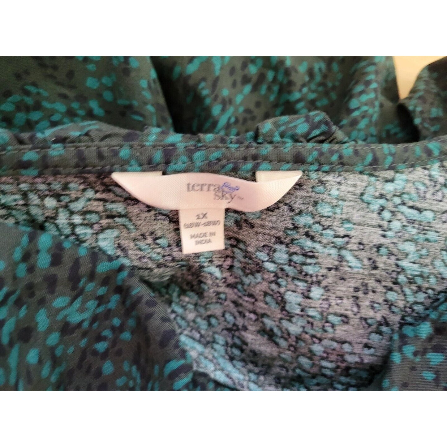 Terra Sky Women Top 1X Plus Long Sleeve Ruffle Collar Button Up Green Watercolor