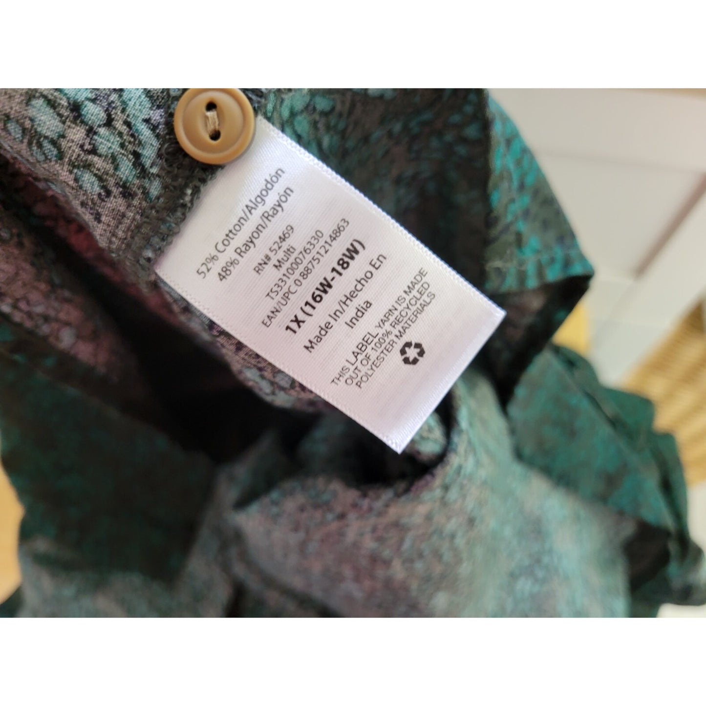 Terra Sky Women Top 1X Plus Long Sleeve Ruffle Collar Button Up Green Watercolor