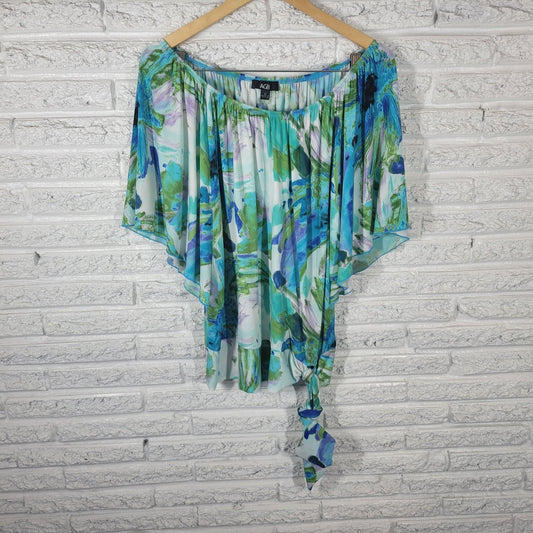 AGB Womens Top Extra Large Batwing Sleeve Blue Green Watercolor Side Tie Comfy