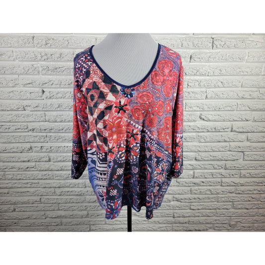 Caia Womens Top 1X Plus 3/4 Sleeve Pink Floral Poly Blend Casual Stretchy Comfy