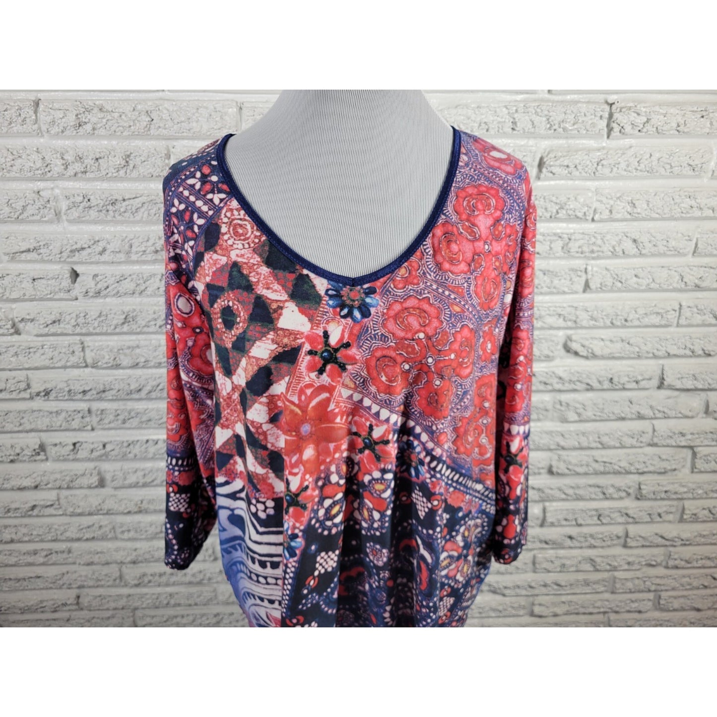 Caia Womens Top 1X Plus 3/4 Sleeve Pink Floral Poly Blend Casual Stretchy Comfy