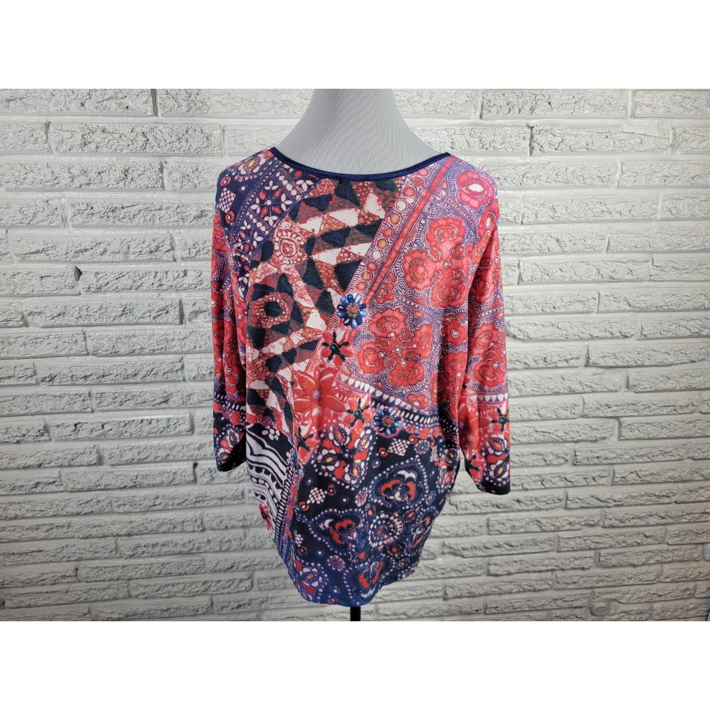 Caia Womens Top 1X Plus 3/4 Sleeve Pink Floral Poly Blend Casual Stretchy Comfy