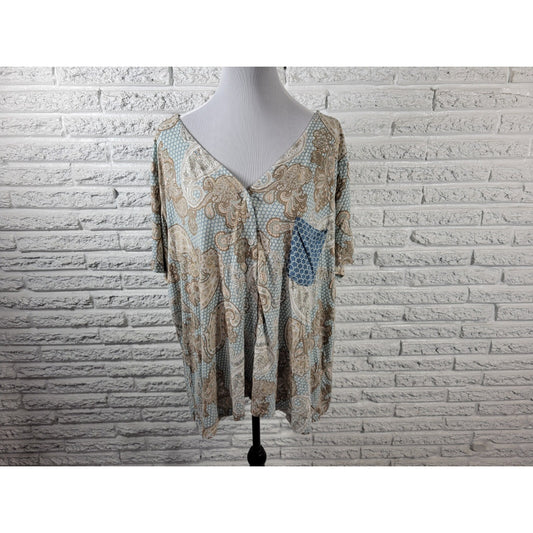 Live Well Womens Top 22W 24W Plus Pajama Blue Tan Paisley Pocket Loungewear Soft