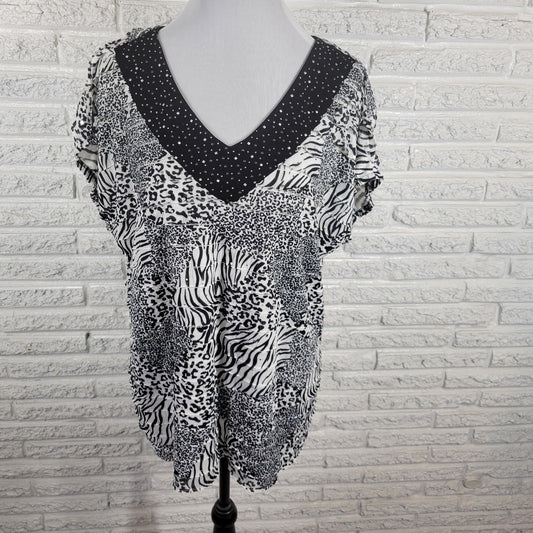 Notations Womens Top XL Sleeveless Black Animal Print Studded Tiered Poly Blend