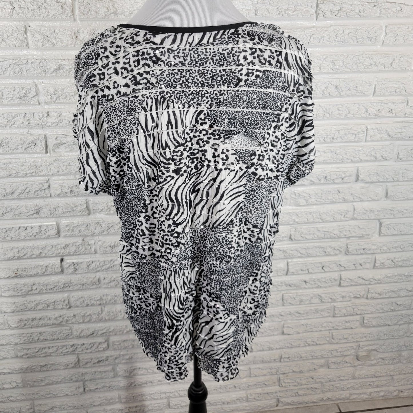 Notations Womens Top XL Sleeveless Black Animal Print Studded Tiered Poly Blend