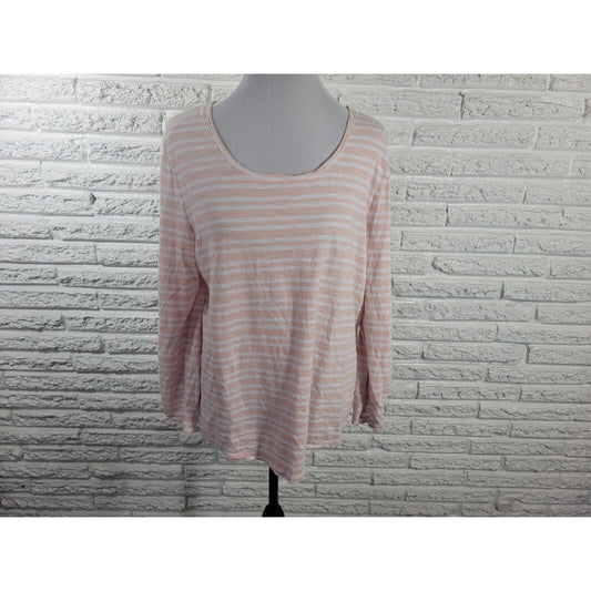 Chicos Women Top 3 Standard Extra Large Roll Tab Sleeve Cotton Blend Pink Stripe