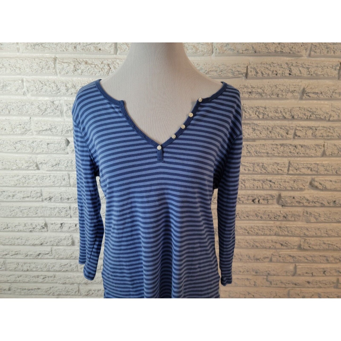 Chaps Womens Top Extra Large Tee 3/4 Sleeve Blue Stripe Casual Deco Buttons