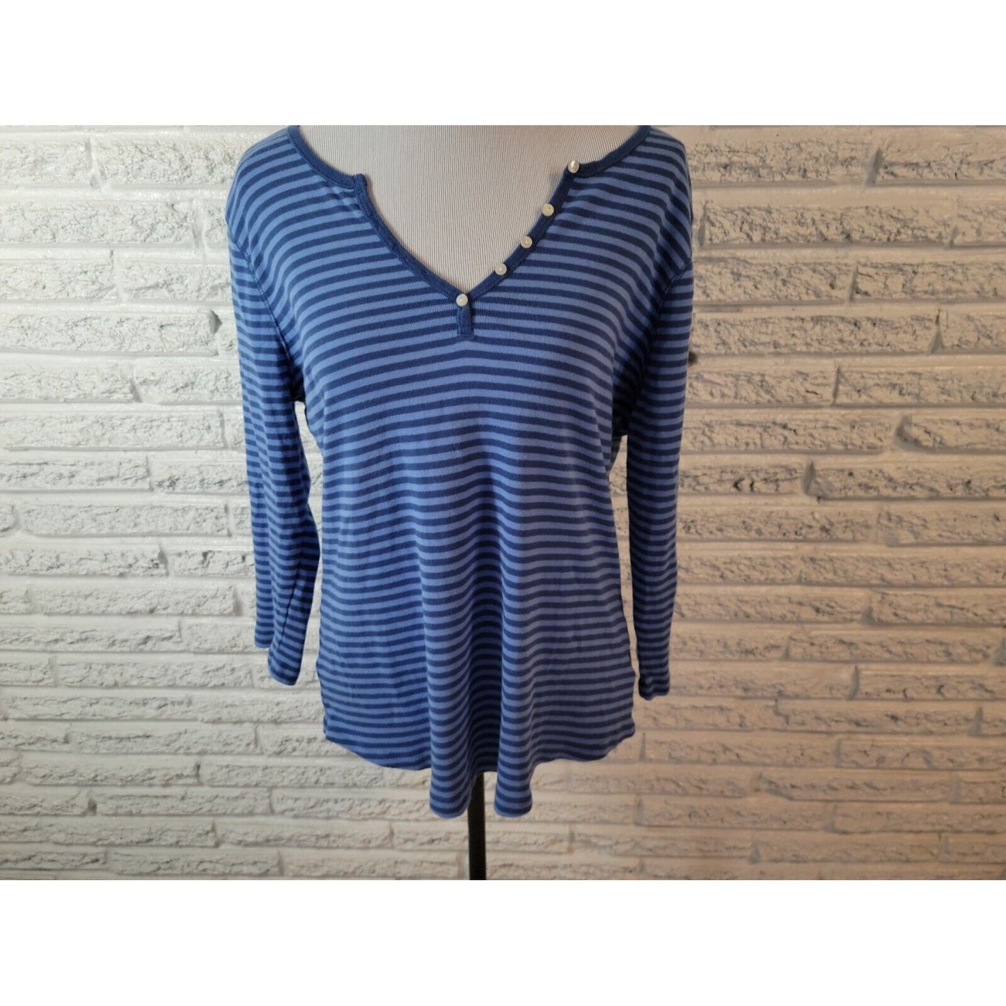 Chaps Womens Top Extra Large Tee 3/4 Sleeve Blue Stripe Casual Deco Buttons