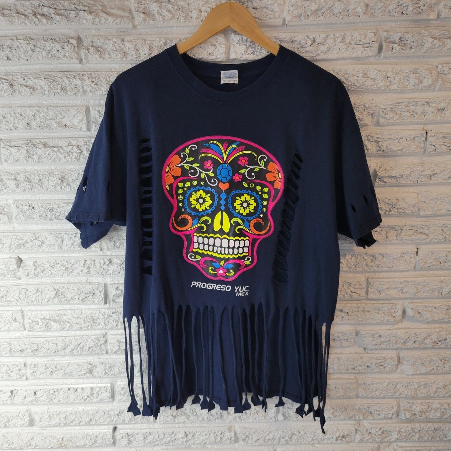Progreso Yucatan Mexico Womens Top XL Tee Distressed Fringe Skull Black Cotton
