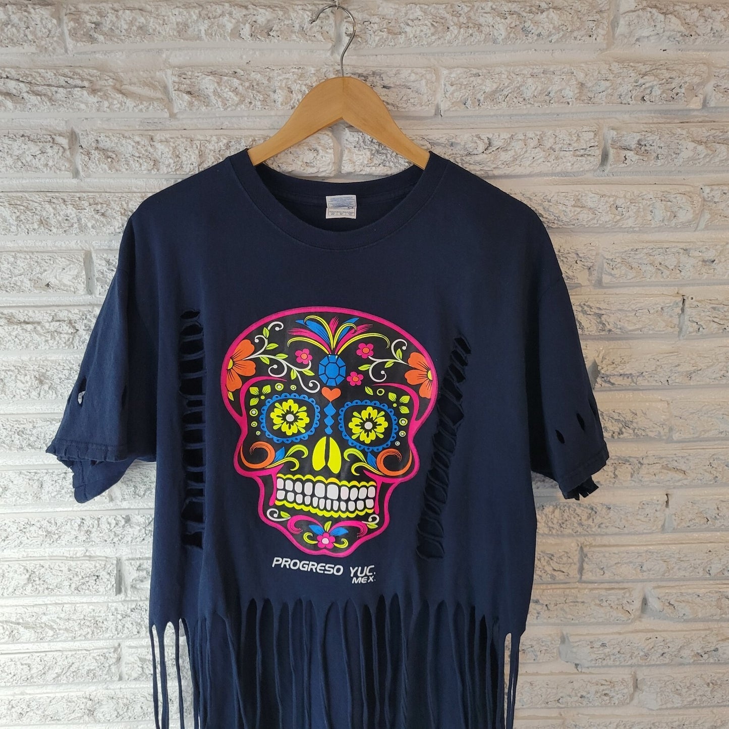 Progreso Yucatan Mexico Womens Top XL Tee Distressed Fringe Skull Black Cotton