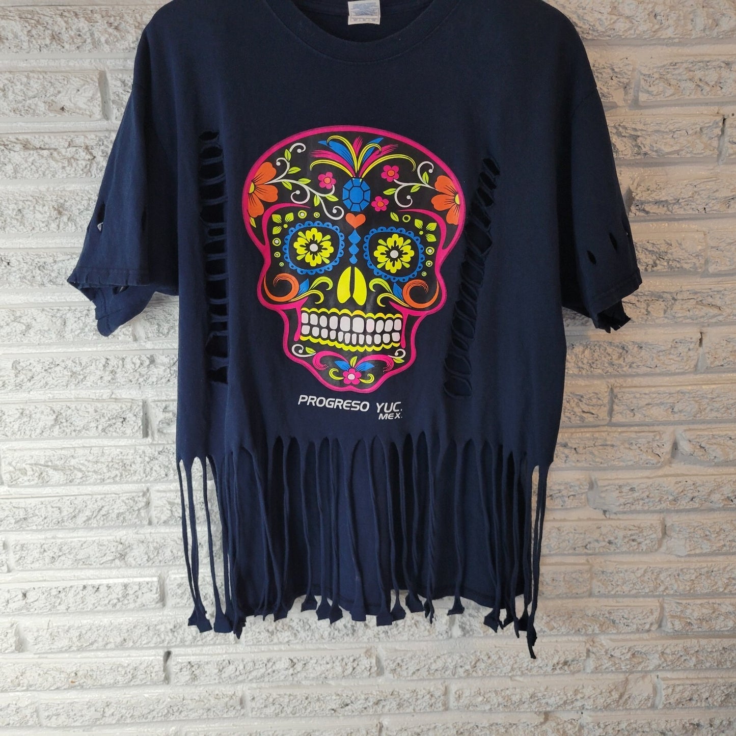 Progreso Yucatan Mexico Womens Top XL Tee Distressed Fringe Skull Black Cotton