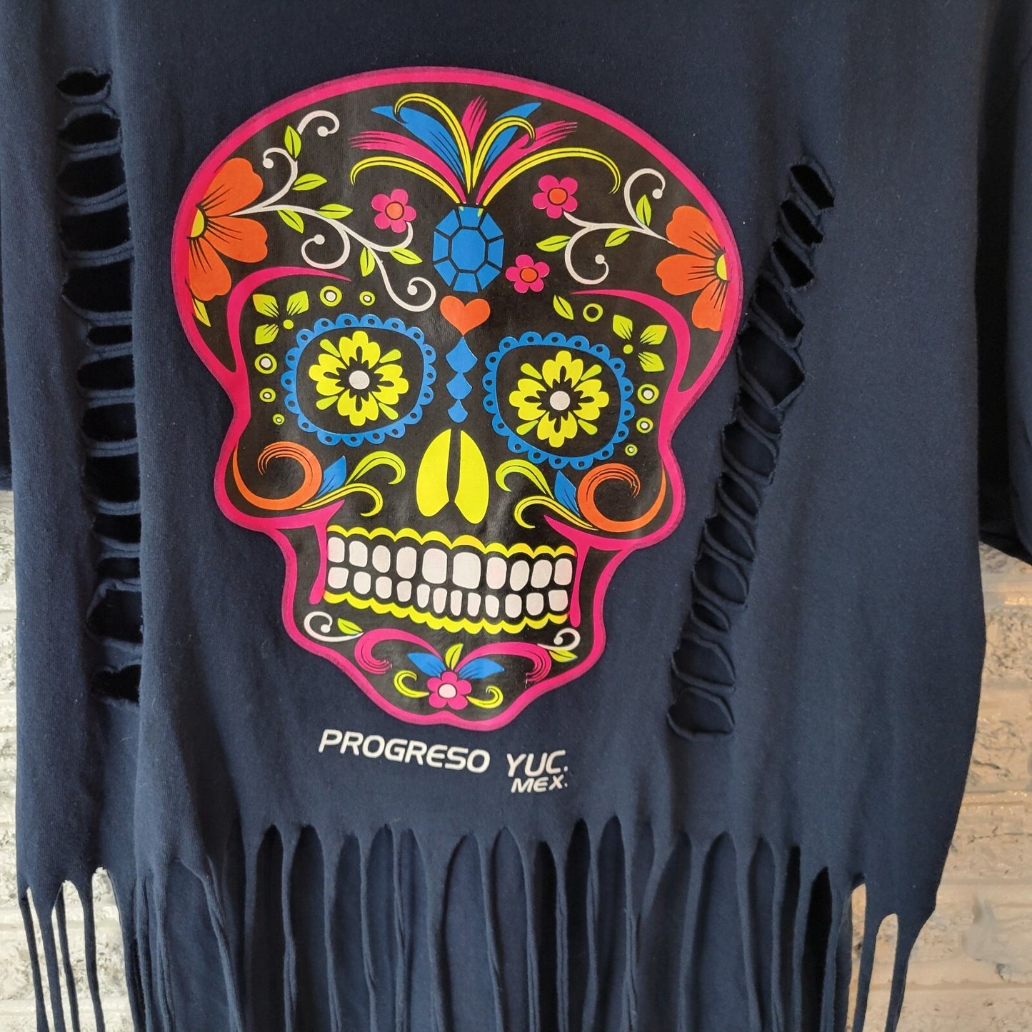 Progreso Yucatan Mexico Womens Top XL Tee Distressed Fringe Skull Black Cotton