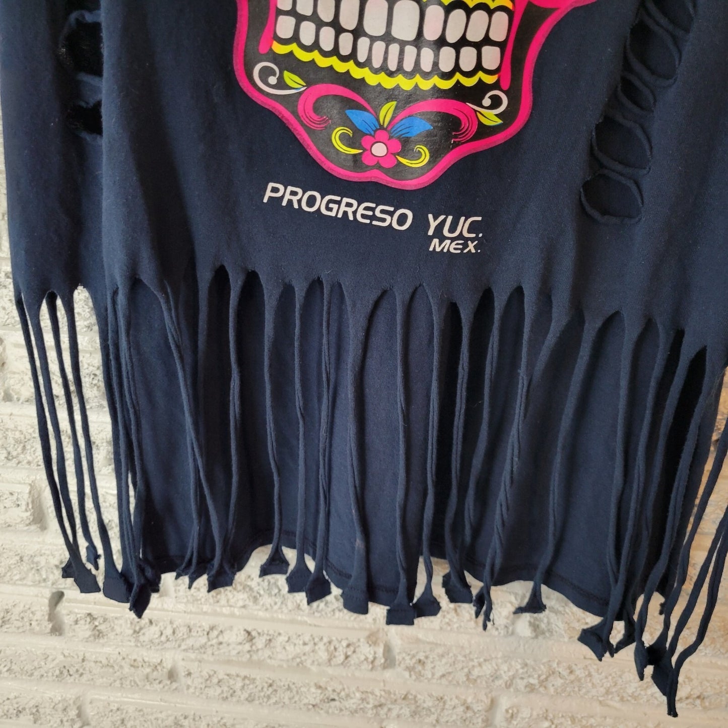 Progreso Yucatan Mexico Womens Top XL Tee Distressed Fringe Skull Black Cotton