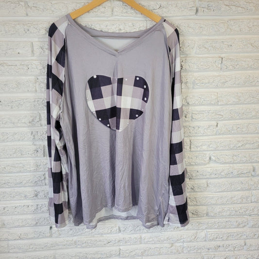 Womens Top 4XL Plus Tee Long Sleeve Heart Gray Poly Blend Reverse Stitch Comfy