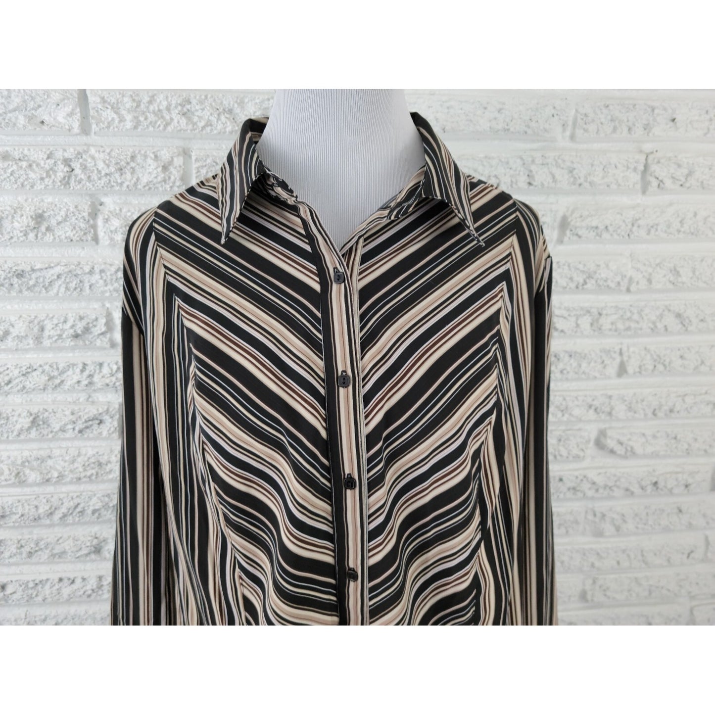 Notations Women Top 2X Plus Button Up Collar Black Stripe Long Sleeve Office