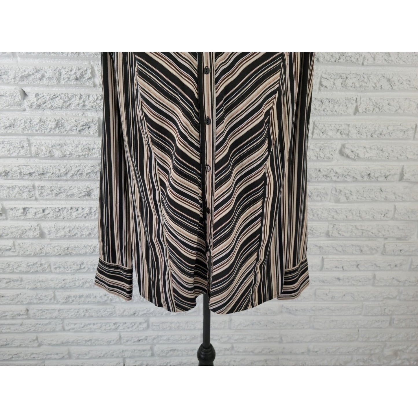 Notations Women Top 2X Plus Button Up Collar Black Stripe Long Sleeve Office