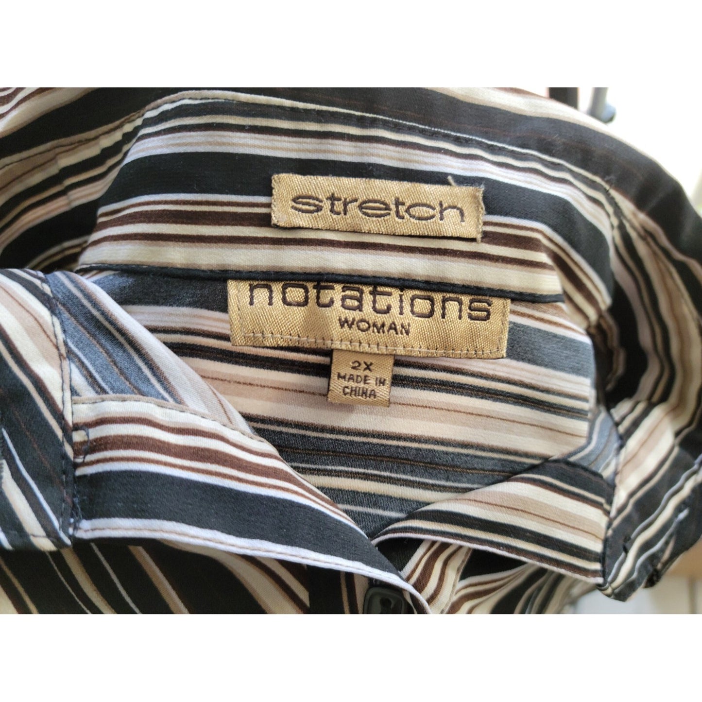 Notations Women Top 2X Plus Button Up Collar Black Stripe Long Sleeve Office