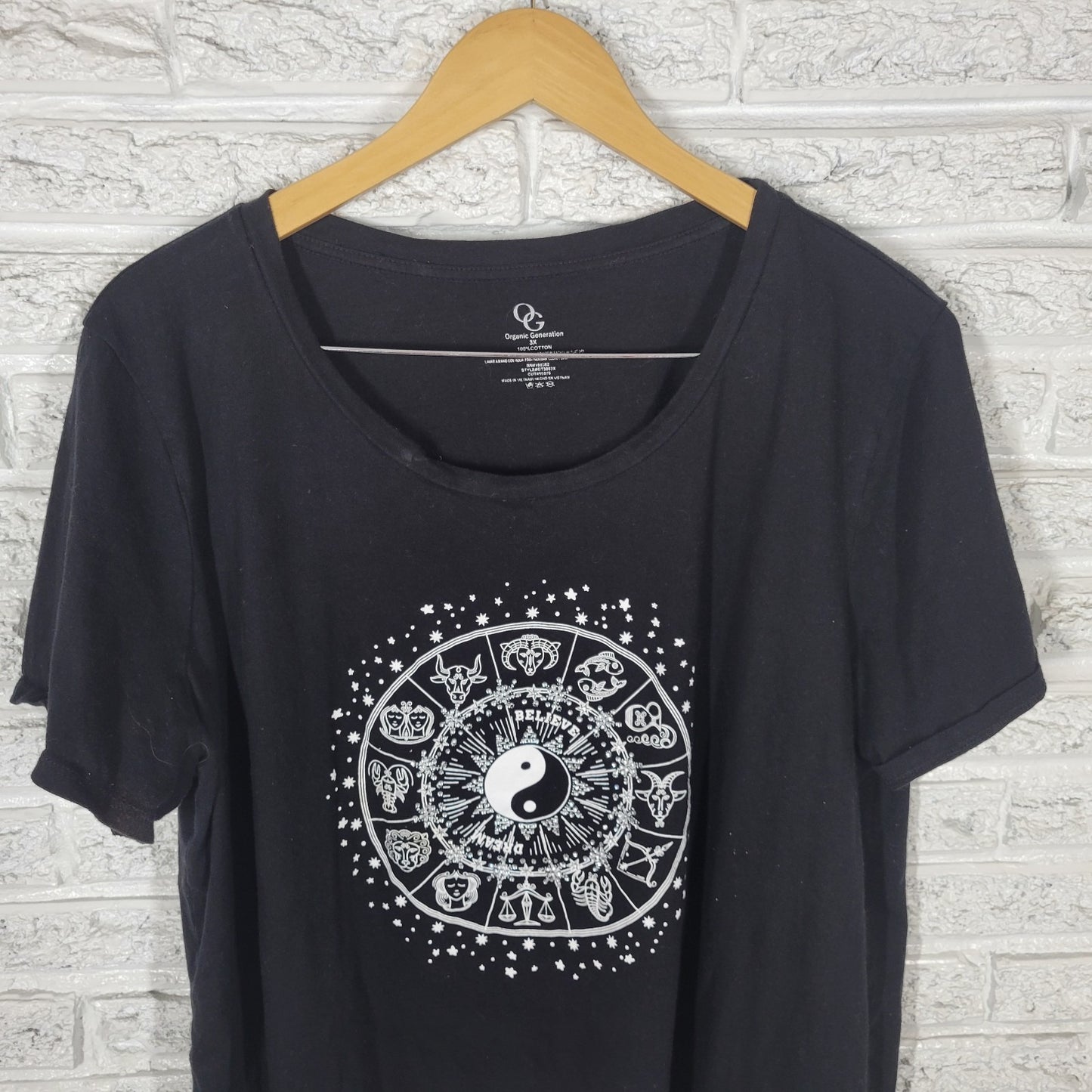 Organic Generation Womens Top 3X Plus Tee Short Sleeve Black Zodiac Cotton Comfy