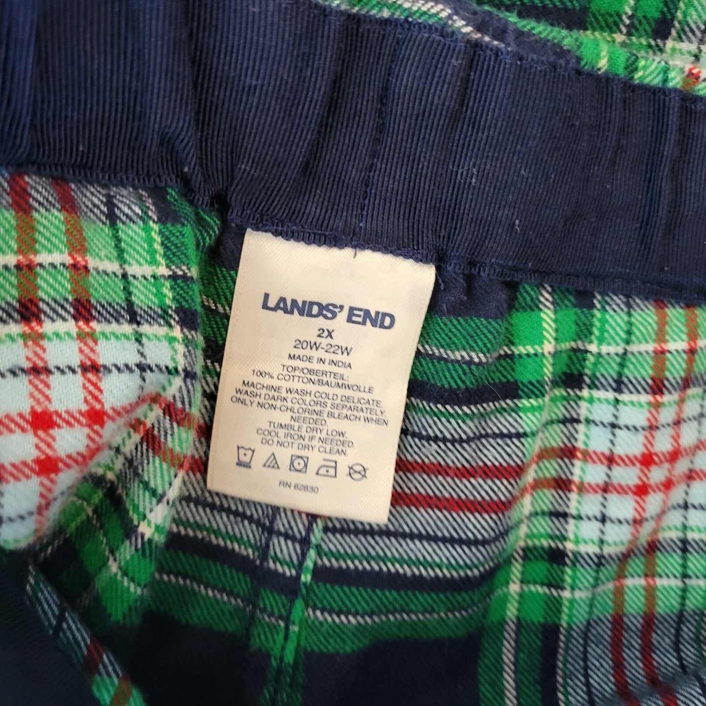 Lands End Womens Pajama Pants 2X Plus Pull On Green Red Plaid Cotton Lightweight