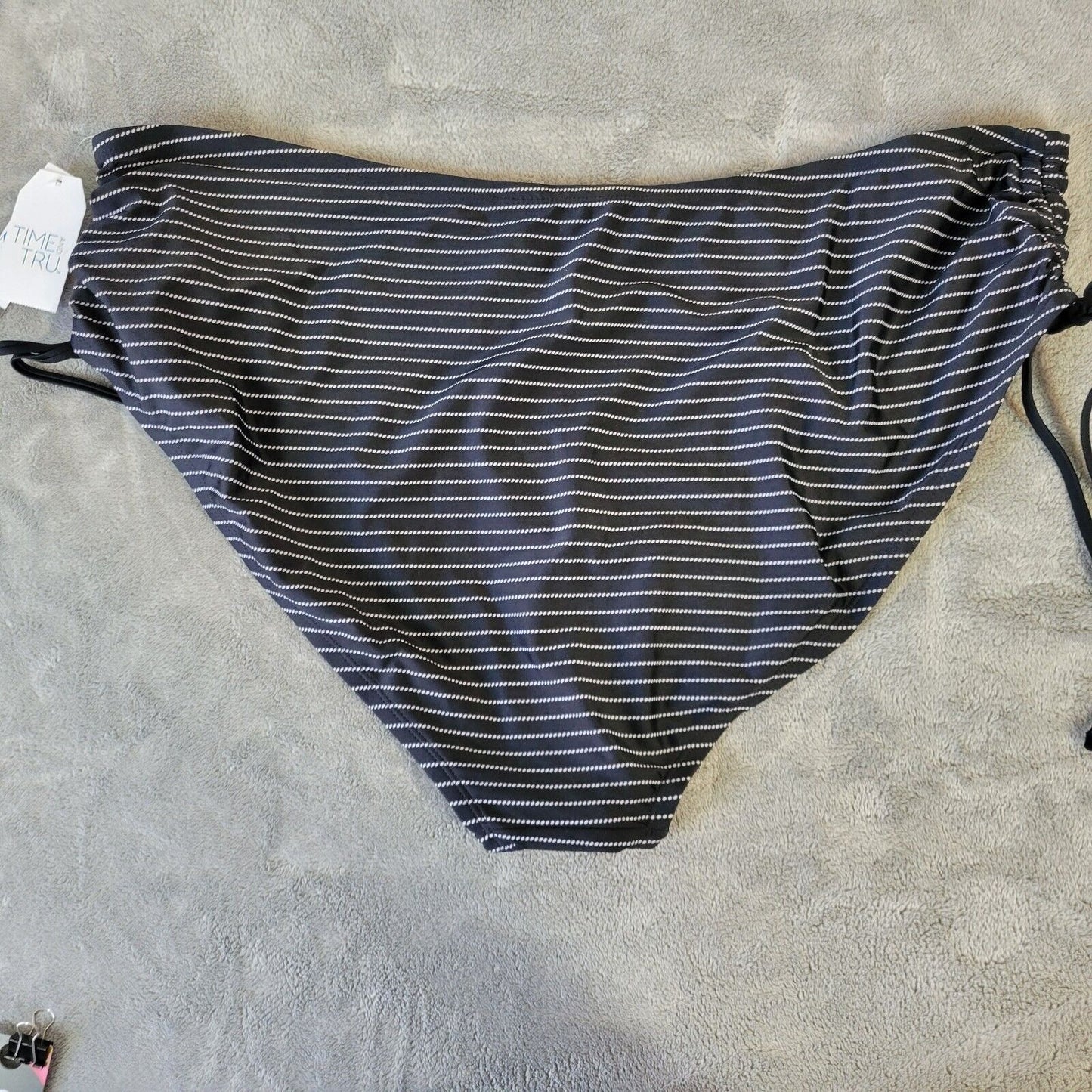Time Tru Womens Bikini Bottom 2X 20W 22W Plus Swimwear Black Stripe Poly Blend