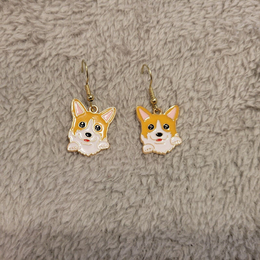 Corgi SM Dog Puppy Earrings One Pair Gold Tone Hanging Dangle Fish Hook Novelty