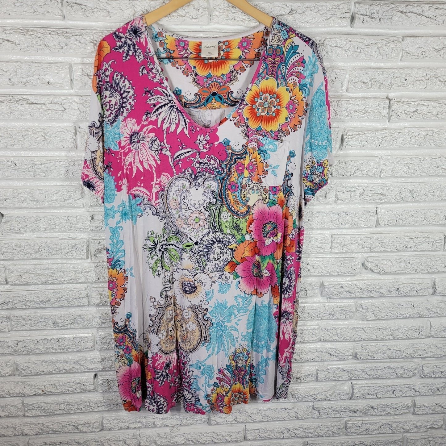 Soma XXL Plus Size Nightgown Pink Blue Floral V-Neck Short Sleeve Viscose