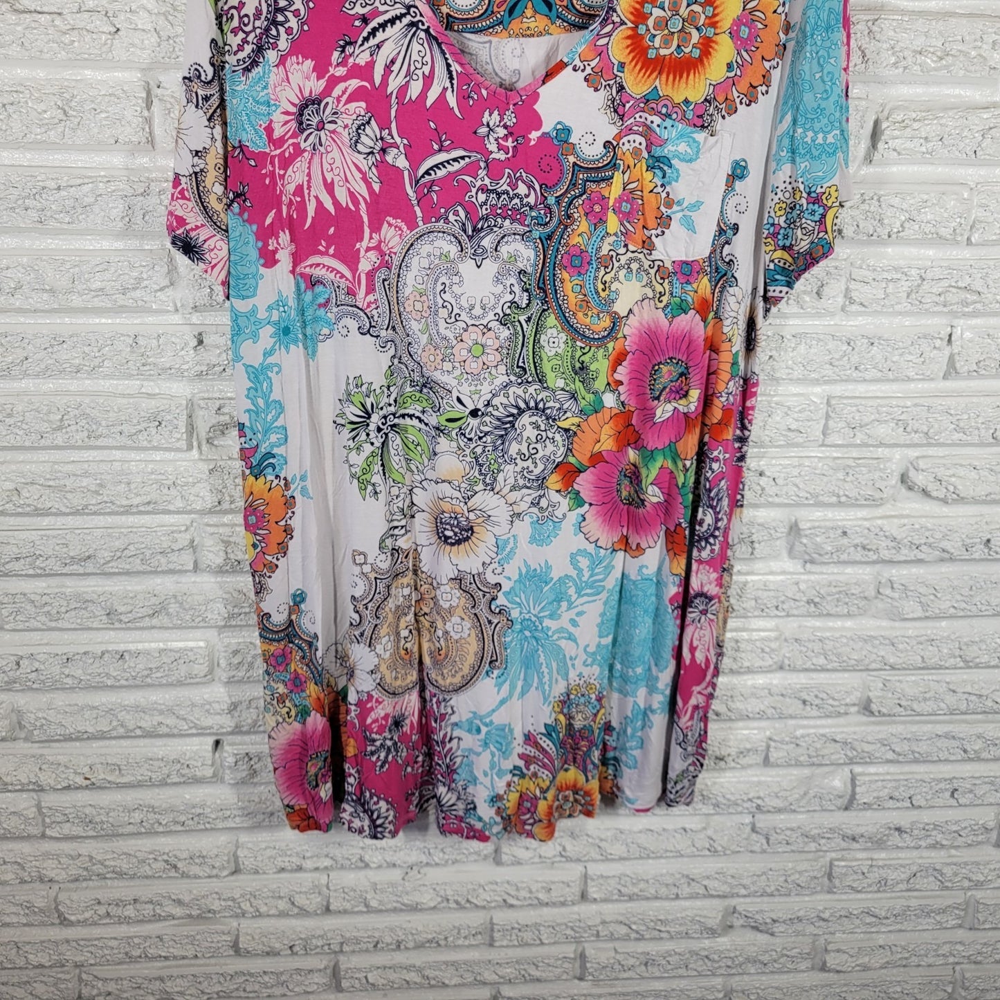 Soma XXL Plus Size Nightgown Pink Blue Floral V-Neck Short Sleeve Viscose