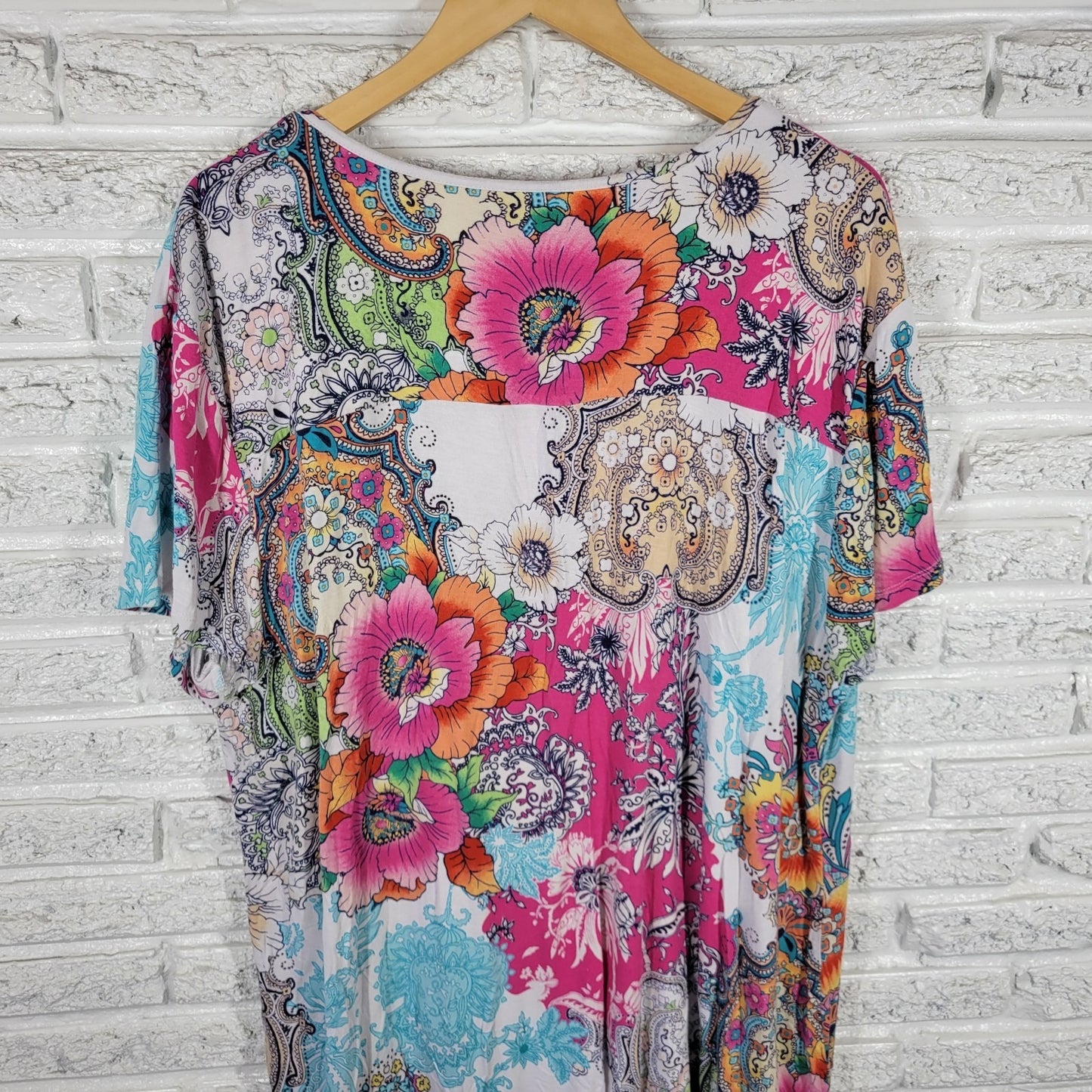 Soma XXL Plus Size Nightgown Pink Blue Floral V-Neck Short Sleeve Viscose