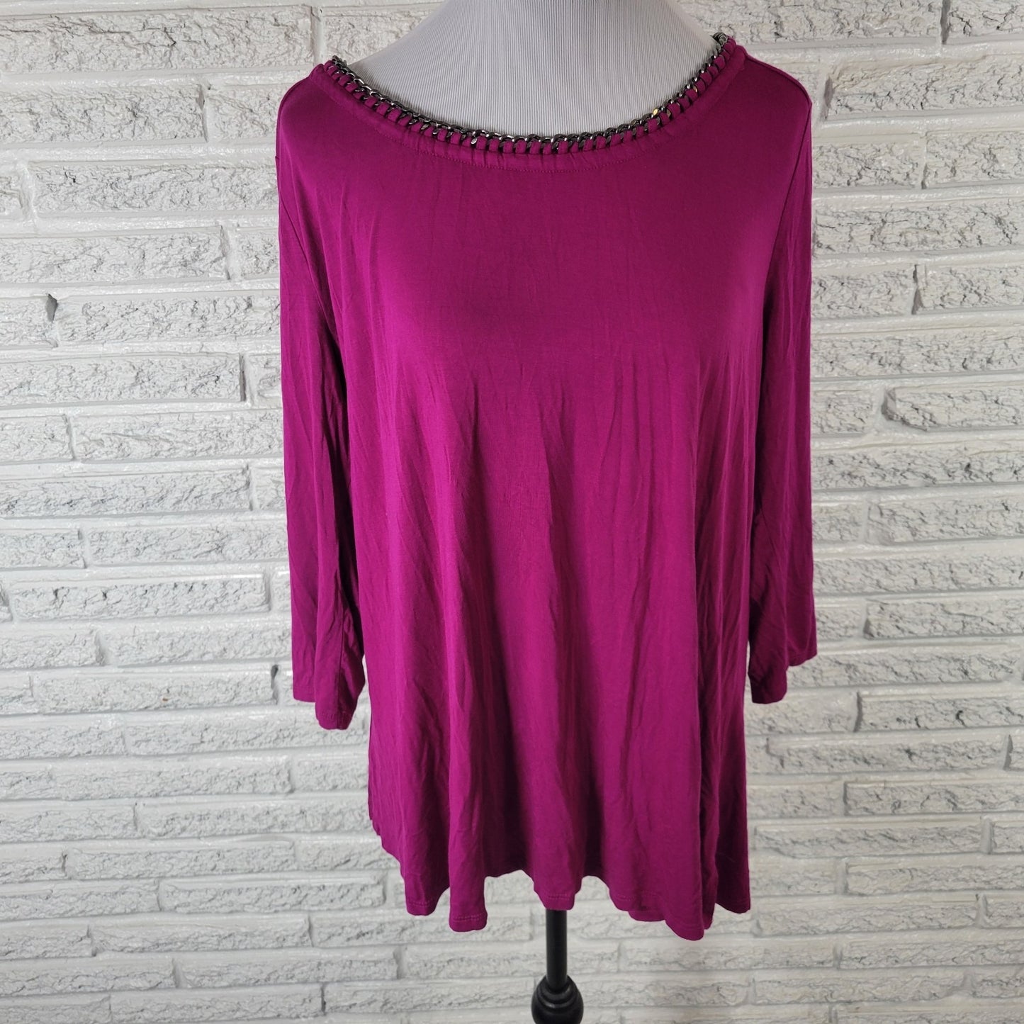 Rafaella Womens Top Extra Large XL 3/4 Sleeve Chain Neck Purple Comfy Casual