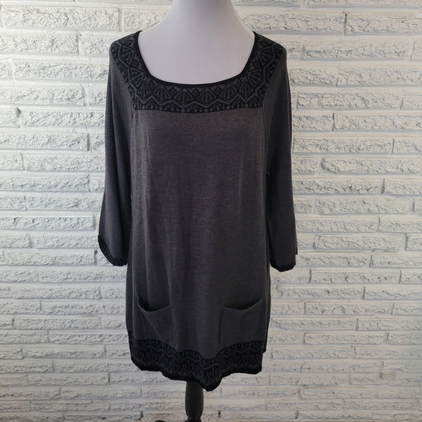 Style Co Womens Top XL Tunic Knit Sweater 3/4 Sleeve Gray Pocket Square Neck