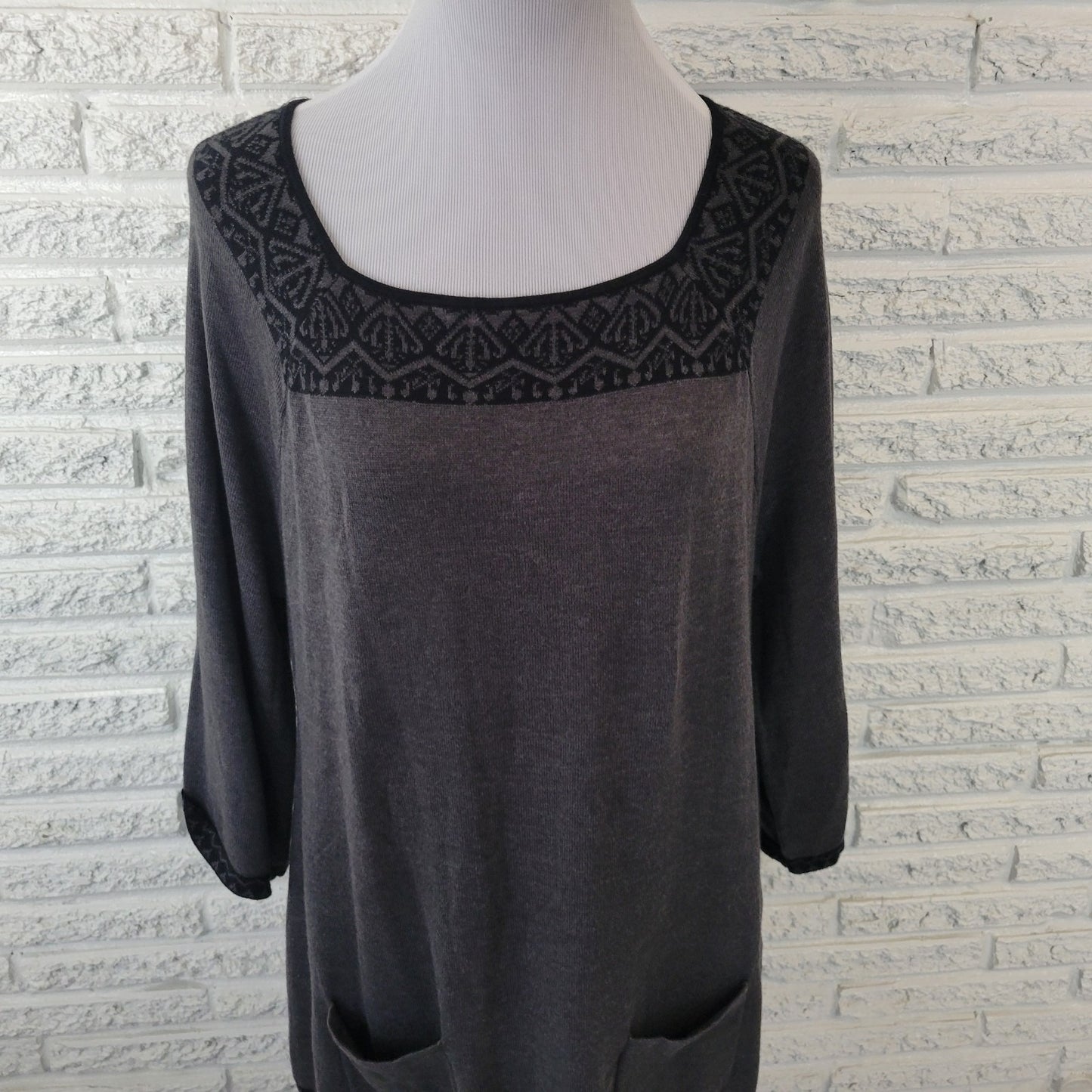 Style Co Womens Top XL Tunic Knit Sweater 3/4 Sleeve Gray Pocket Square Neck