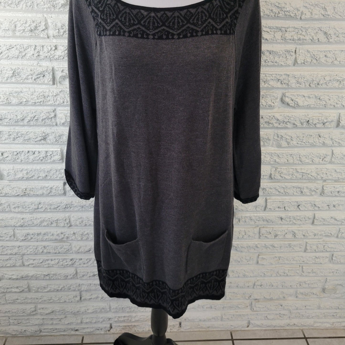 Style Co Womens Top XL Tunic Knit Sweater 3/4 Sleeve Gray Pocket Square Neck