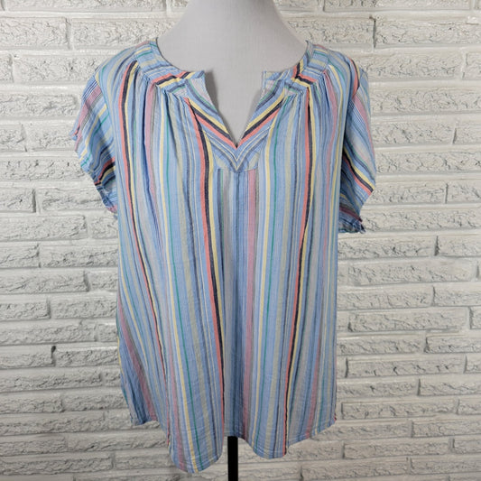 St Johns Bay Womens Top 1X Plus Short Sleeve Blue Stripe Lightweight Casual